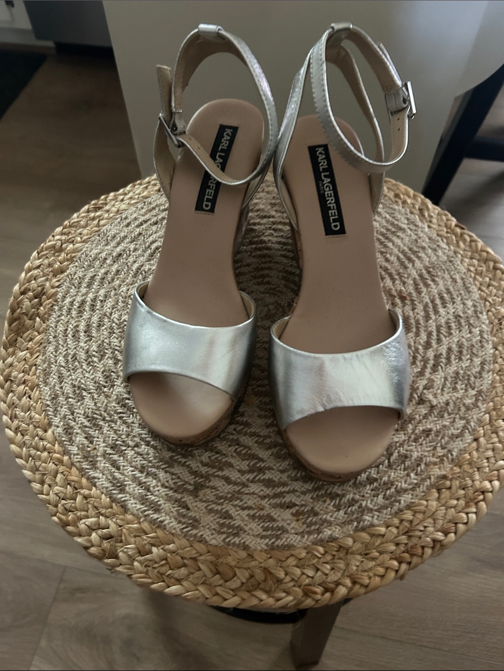 Karl Lagerfeld Metallic Silver Wedge Sandals with Ankle Strap